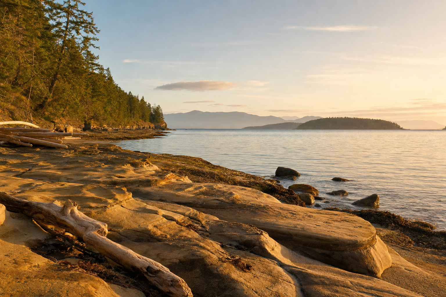 Warm sandstone rocky coastline near Nanaimo with calm water, driftwood, and late afternoon light